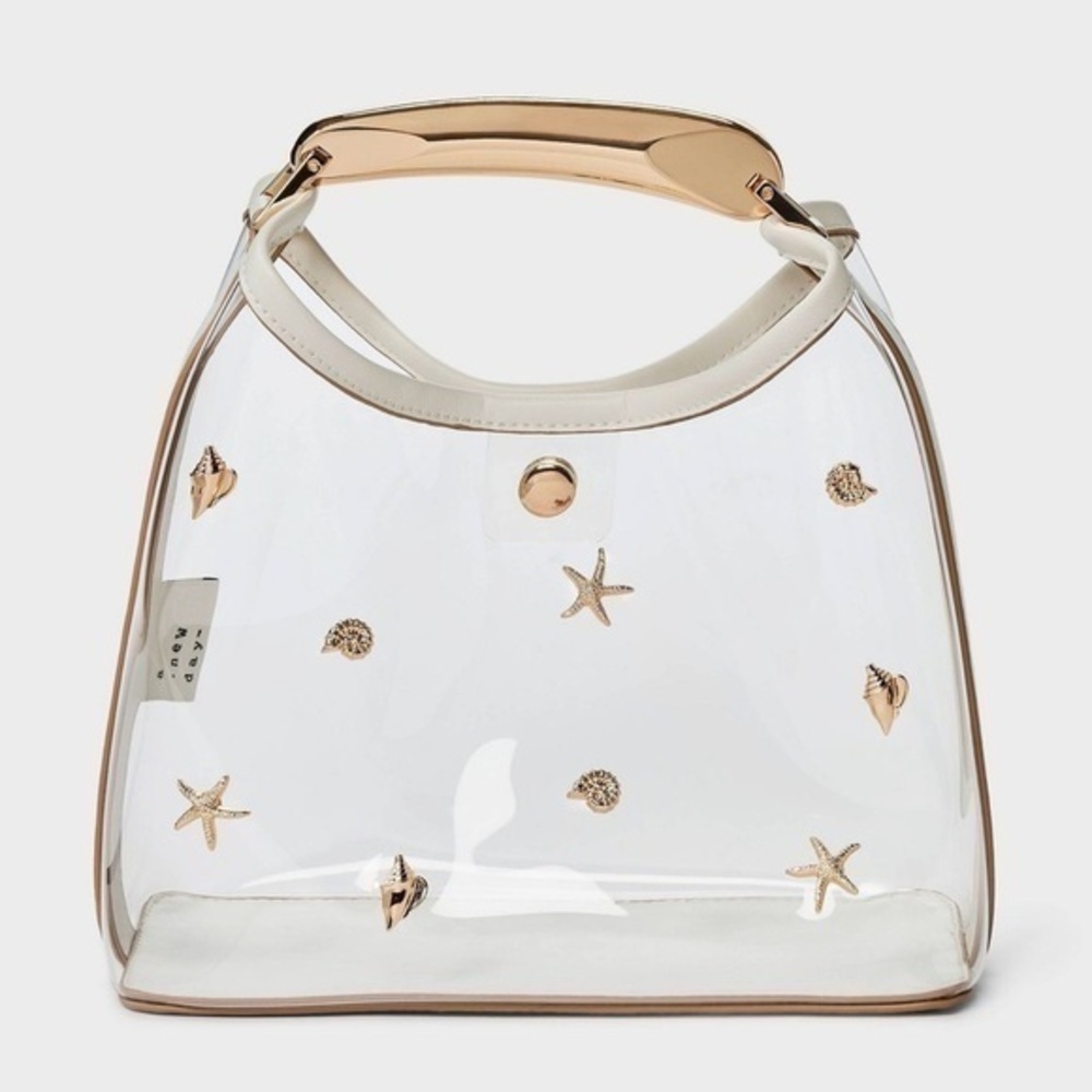 NWT! Transparent Beach-Themed Handbag with Gold Accents